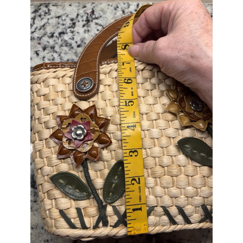 Vtg Y2K Elka Woven Straw Floral Satchel Purse Croc Leather Handle Boho Handbag - Picture 6 of 13